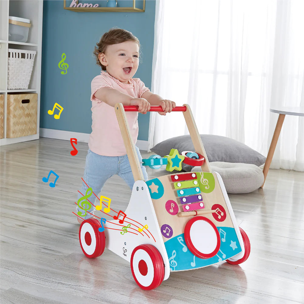 Hape My First Musical Walker Wooden Push Along Baby Walker Trainer with Music Box Activities 10 Months and Up Hape Australia