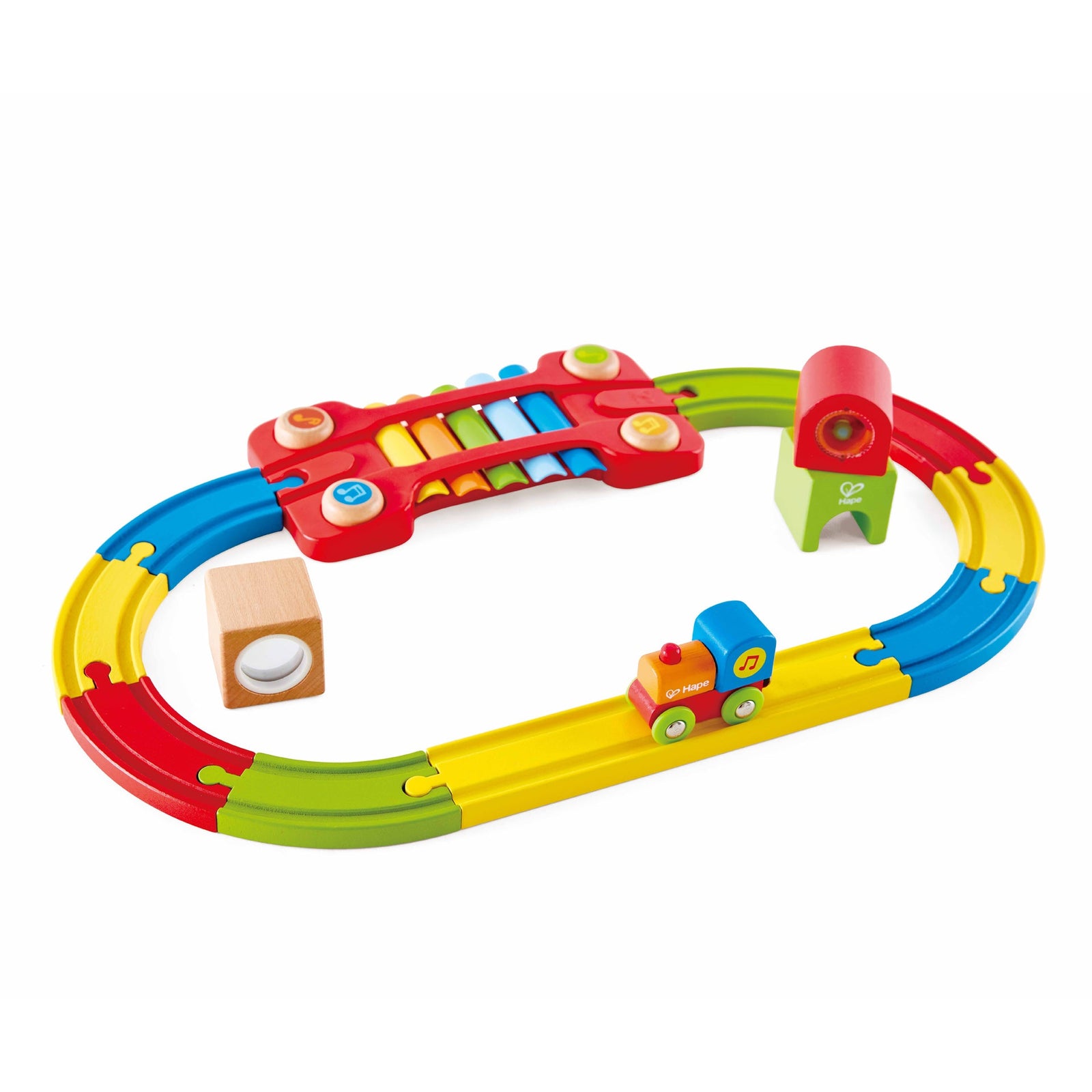 Hape Sensory Railway Circuit Colourful Wooden Train Set with Accessories Musical Kids Train Toy with Built in Xylophone Rattle and Mirror Block Multi Colored Hape Australia